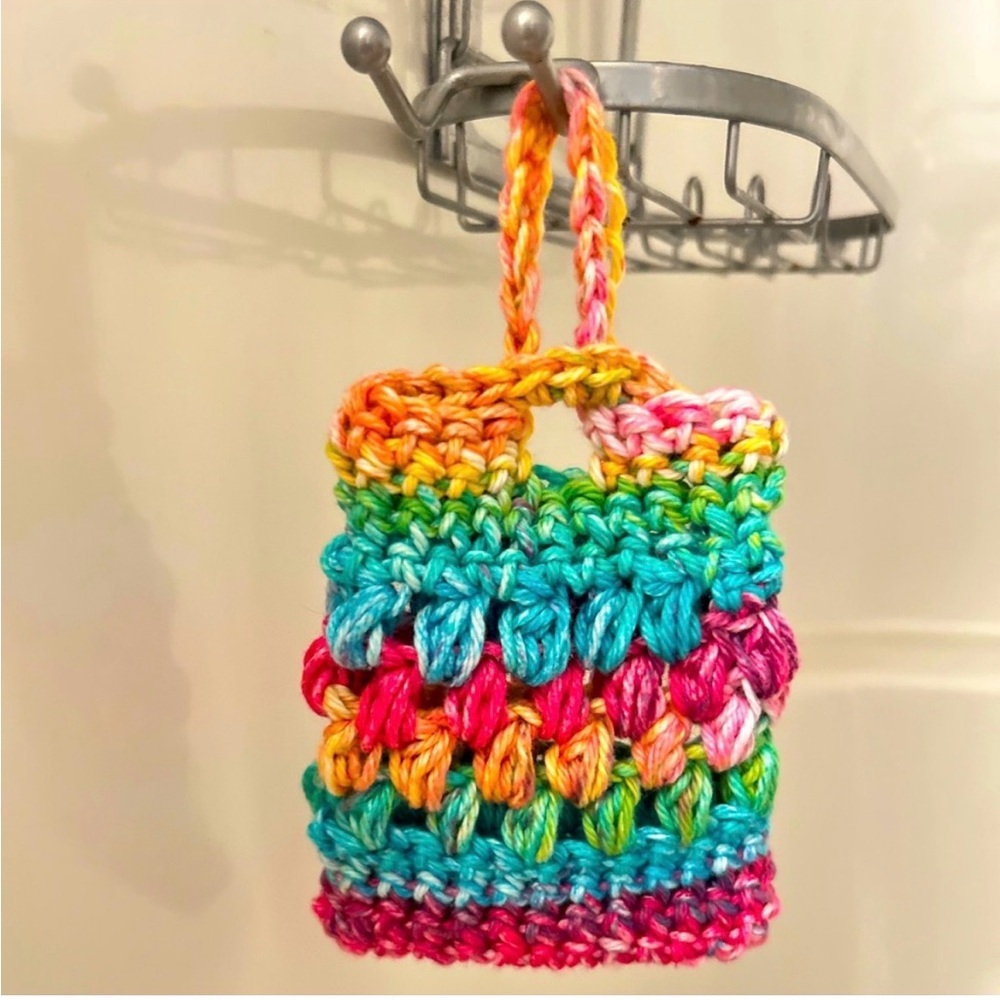 Hand Crafted Crochet Soap Saver Bag Rainbow Cotton Bath Exfoliating Essential - Picture 9 of 9